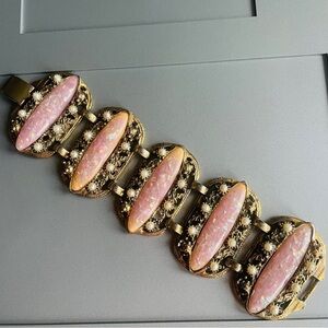 Vintage Selro Confetti Pink Faux Opal, Pearls Wide Link GoldTone Panel B…